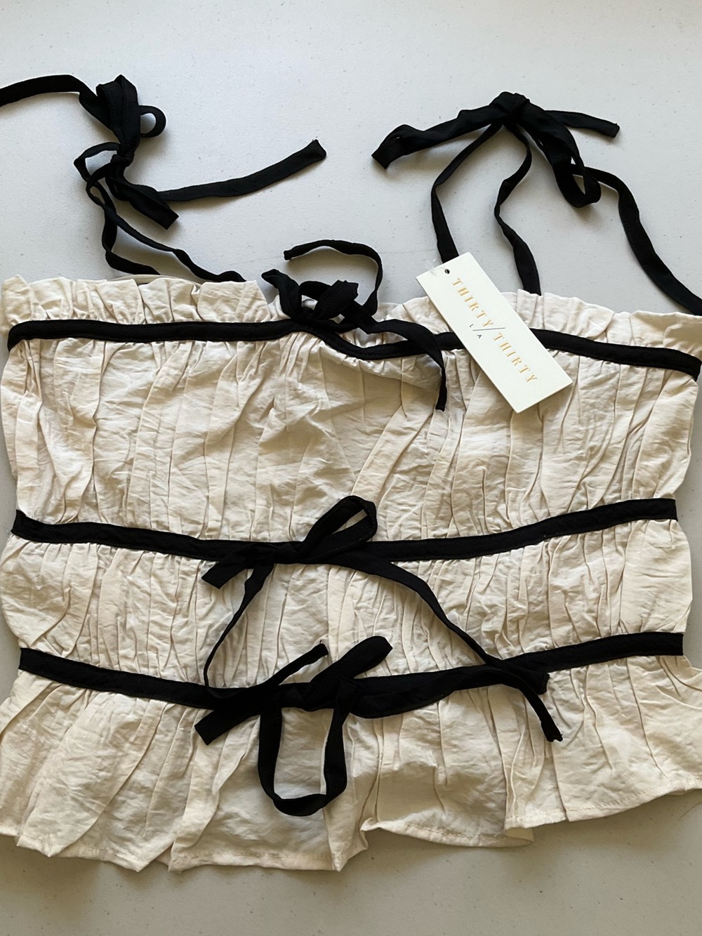 THIRTY/THIRTY LA Beige Black Cotton Crinkle Ruffle Tie Strap Cropped Blouse M - Picture 7 of 7